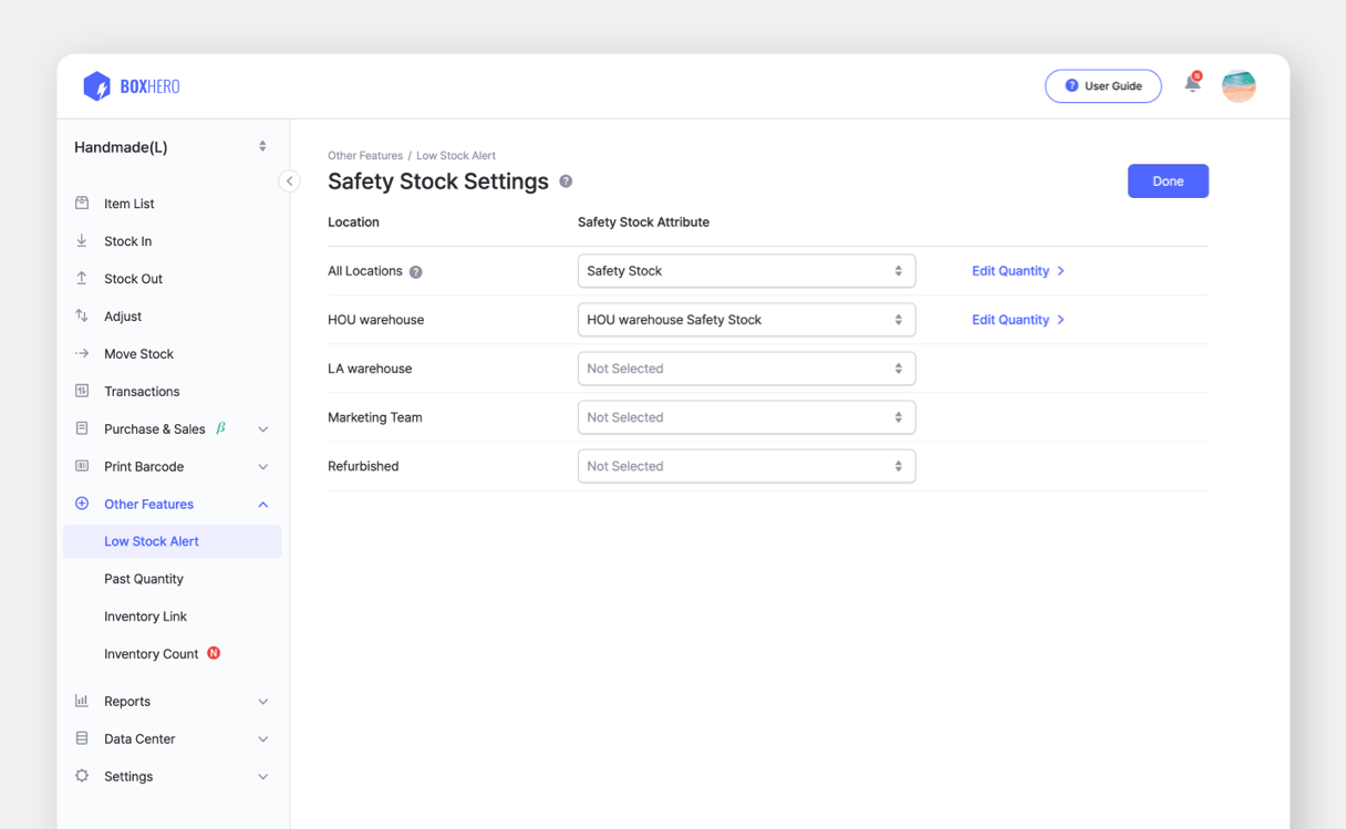 BoxHero UI: Safety Stock Settings by Location