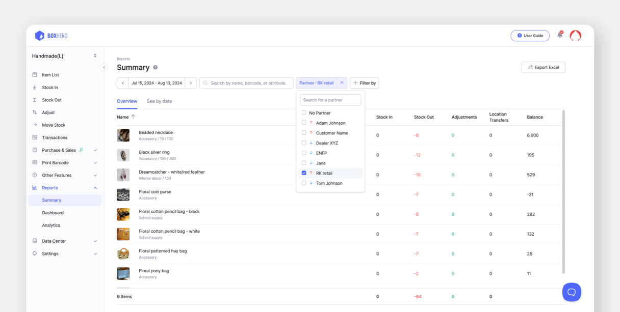 BoxHero UI: Summary by Partner Filter