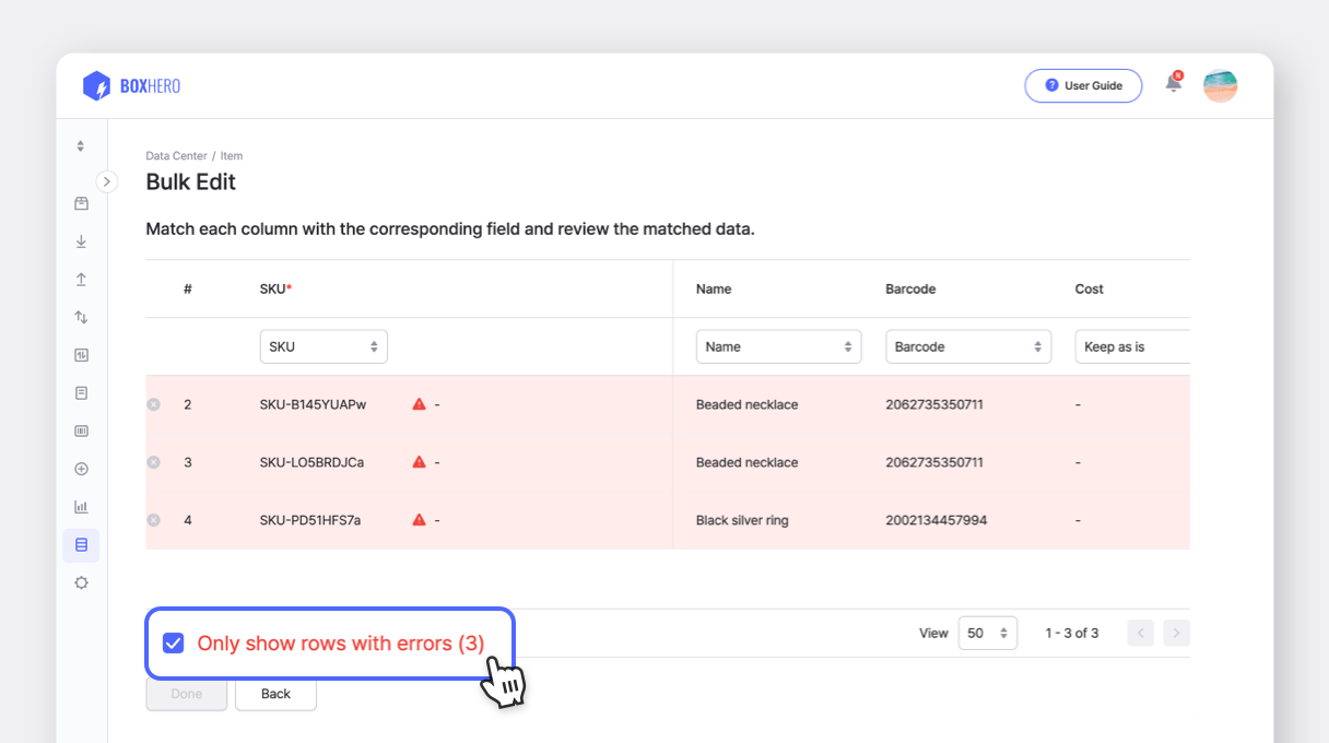 BoxHero UI: Bulk Edit with Excel - Only show row with errors