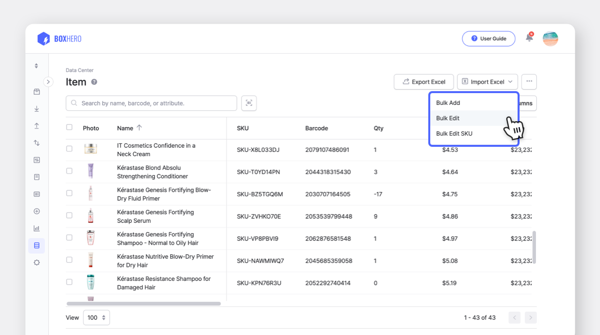 BoxHero UI: Bulk Edit SKU