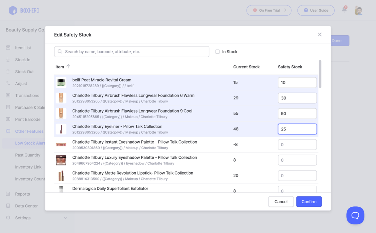 BoxHero UI: Select Items to Edit Safety Stock