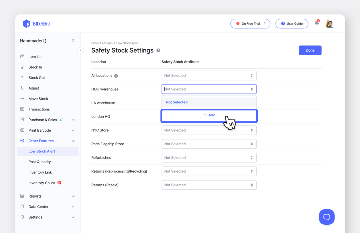 BoxHero UI: Safety Stock Settings by Location