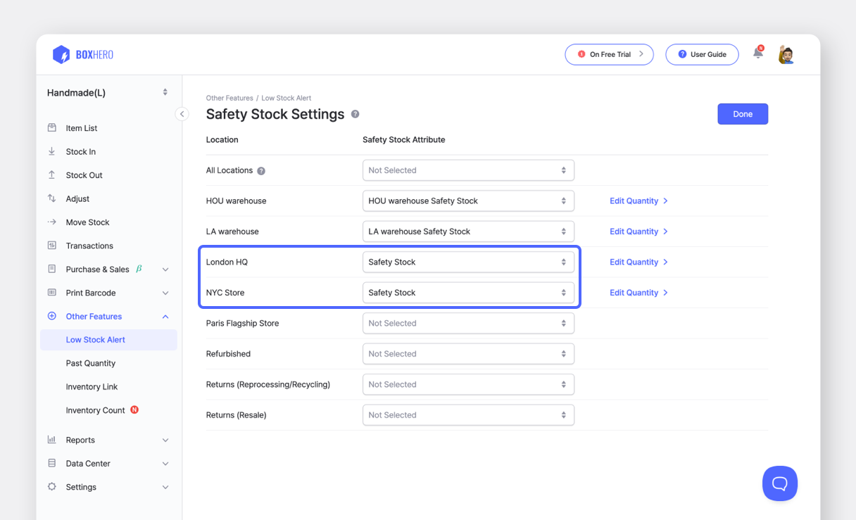 BoxHero UI: Safety Stock Attributes by Location